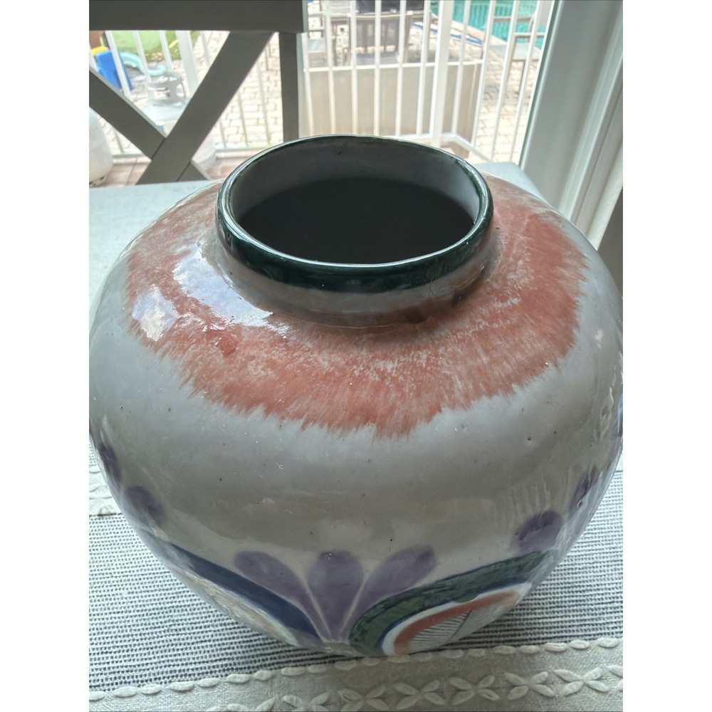 Erandi Tonala Mexico Vintage Vase Ginger Jar Feather Floral Pottery 9 1/2" - Picture 2 of 4